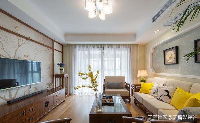 隆源国际城120平中式气概拆修效果图参考案例--天鹅湖粉饰