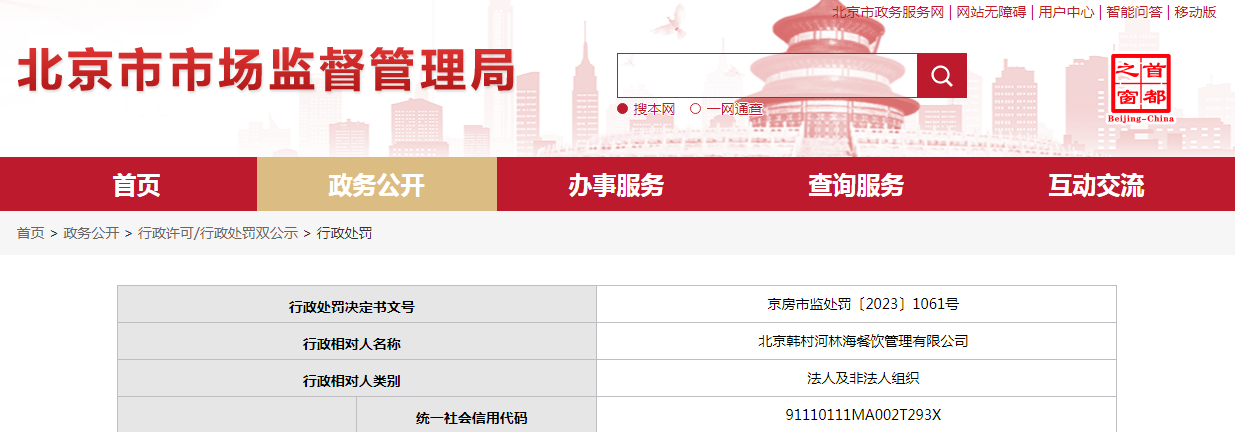 北京韩村河林海餐饮管理有限公司被罚款1000元