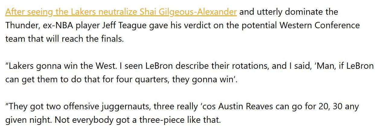 蒂格:湖人将夺得西部冠军!美媒最新概率:快船4%,火箭9.1%