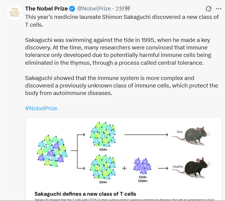 2025诺贝尔医学奖揭晓：表彰“关于外周免疫耐受的发现”，三位科学家共享殊荣