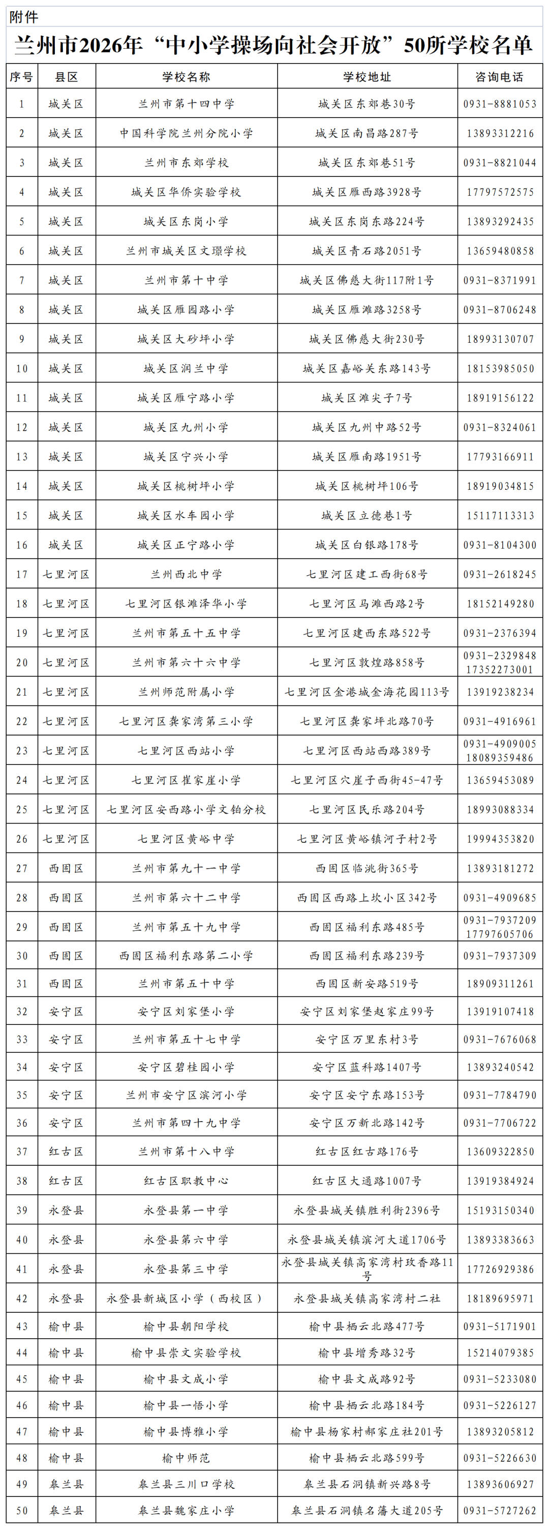 2月9日起，兰州市50所中小学操场向社会免费开放