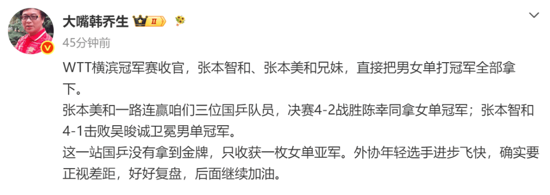 张本智和回应“兄妹双双登顶”:荣誉献给爸爸妈妈;韩乔生:国乒要正视差距,好好复盘